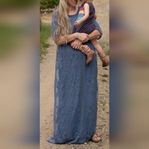 Full-length dress with lace overlay. Blue worn once. Pink (BLUSH), brand new.